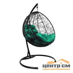 Подвесное кресло "Круглое", цвет плетения – черный, подушка – зеленый, каркас – черный