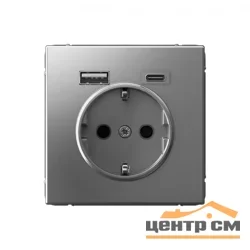 Механизм розетки 3-м СП ArtGallery 16А с 2-мя заряд. устройствами USB A+C 5В/2.4А/3А 2х5В/1.5А сталь SE GAL000932
