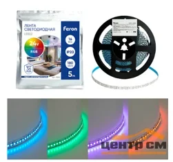Лента светодиодная 180SMD(5050)/м 16Вт/м 24V 5000*10*1.5мм RGB IP20, LS502 FERON
